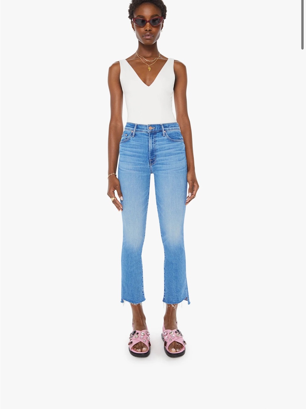 MOTHER Light Blue Distressed High-Rise Cropped Jeans